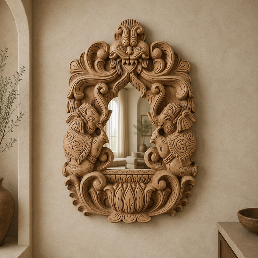 Gaja Dvara Wooden Mirror Frame-  Hand Carved in Poola Wood from Madhavamala, Andhra Pradesh