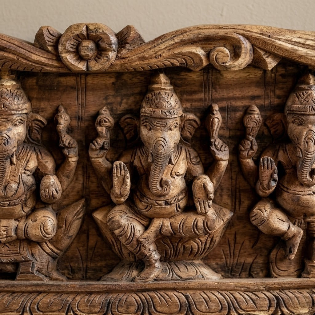 Nritya Vinayaka Lintel - Hand Carved in Poola Wood from Madhavamala, Andhra Pradesh