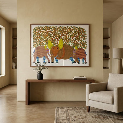 Elephants Beneath the Forest Canopy — Hand Painted Gond Art from Madhya Pradesh