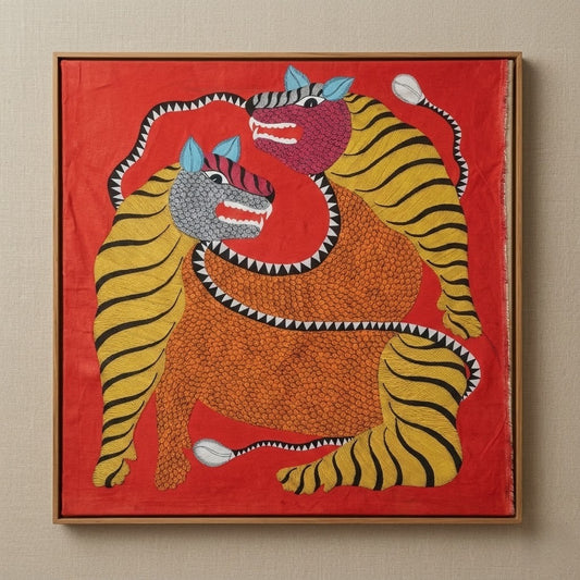 Twin Tigers in Motion — Hand Painted Gond Art from Madhya Pradesh