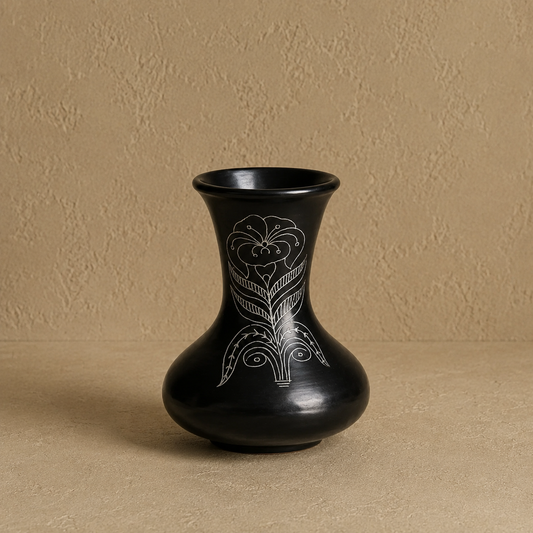 Bloom Crest | Flower Vase, Silver Inlay, Black Pottery | Nizamabad, Azamgarh