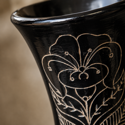Trumpet Bloom | Flower Vase, Silver Inlay, Black Pottery | Nizamabad, Azamgarh
