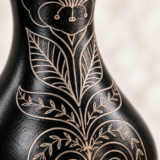 Garden Bloom | Flower Vase, Floral Silver Inlay, Black Pottery | Nizamabad, Azamgarh