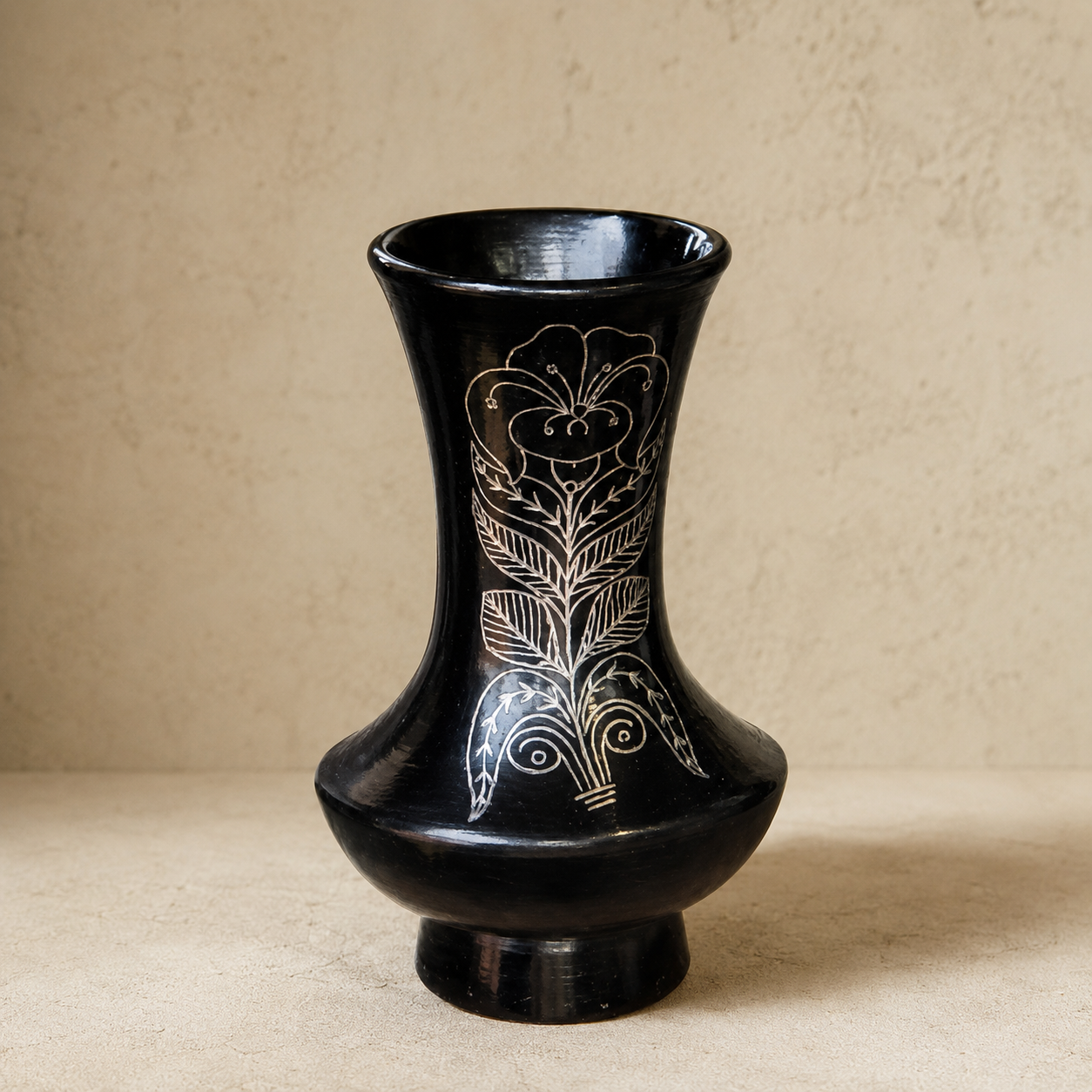 Trumpet Bloom | Flower Vase, Silver Inlay, Black Pottery | Nizamabad, Azamgarh