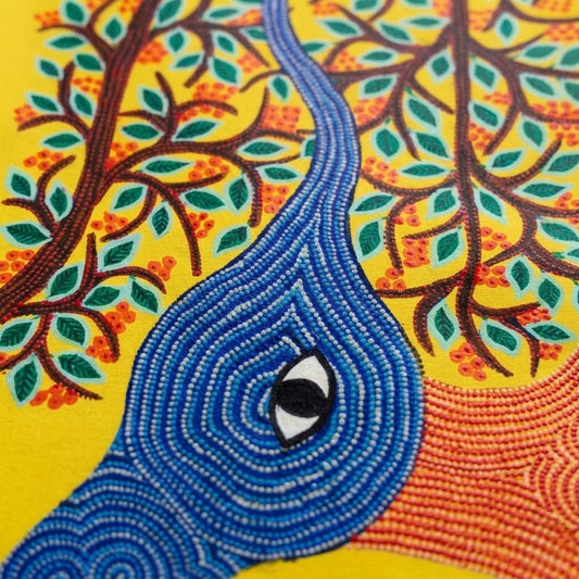 Elephant Beneath the Forest Crown - Hand Painted Animal Pithora art from Chhota Udaipur, Gujarat