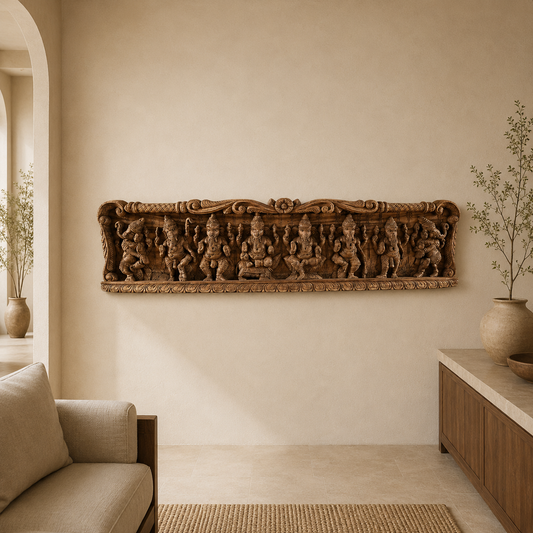 Nritya Vinayaka Lintel - Hand Carved in Poola Wood from Madhavamala, Andhra Pradesh