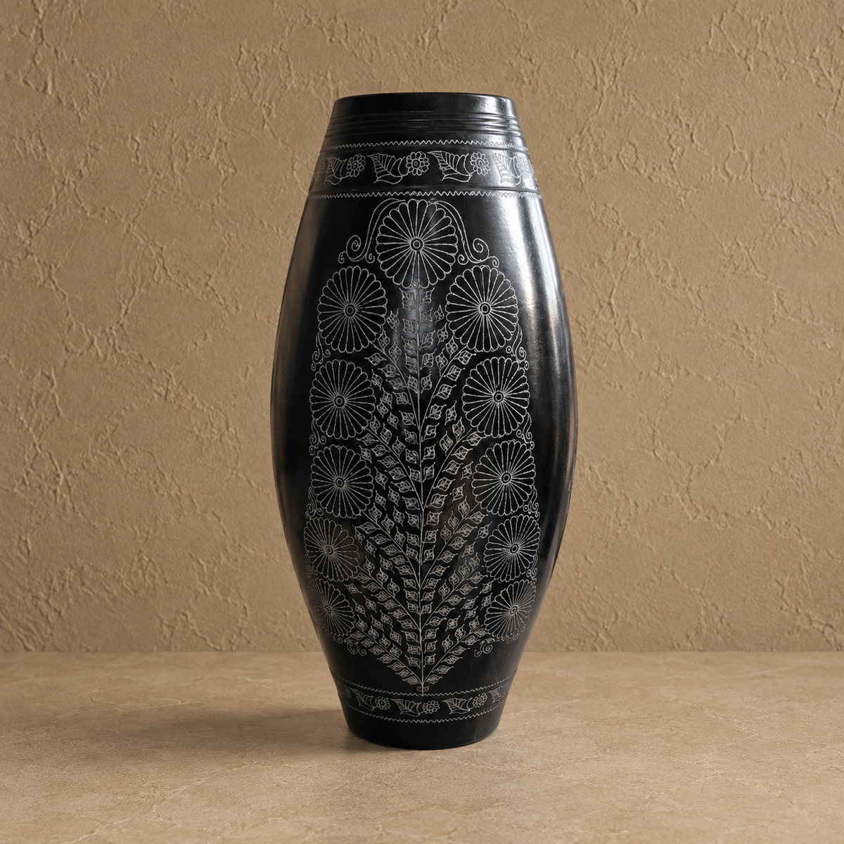 Midnight Garden | Flower Vase, Silver Inlay, Black Pottery | Nizamabad, Azamgarh