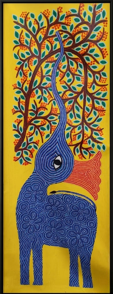 Elephant Beneath the Forest Crown - Hand Painted Pithora art from Chhota Udaipur, Gujarat