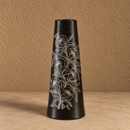 Gulrekha | Flower Vase, Silver Inlay, Black Pottery | Nizamabad, Azamgarh