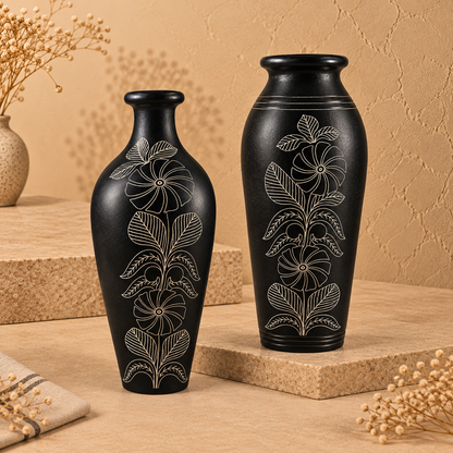 Botanical Legacy | Decorative Vase Set, Black Pottery | Nizamabad, Azamgarh