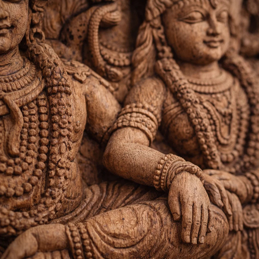 Shiva Parvati Temple Panel - Hand Carved in Poola Wood from Madhavamala, Andhra Pradesh