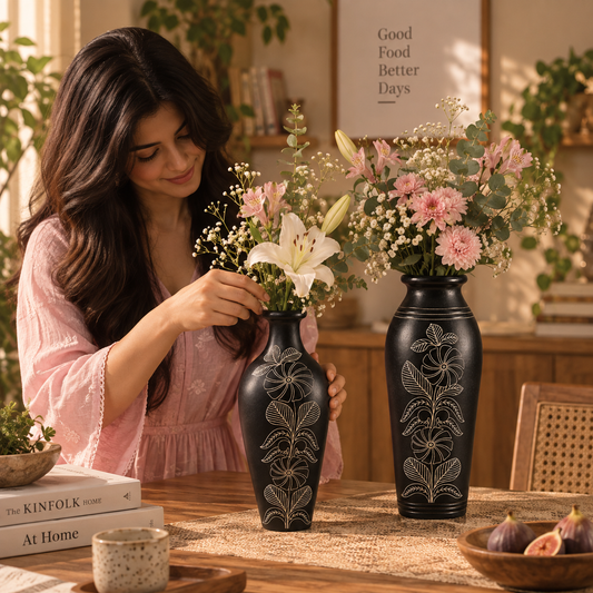 Botanical Legacy | Decorative Vase Set, Black Pottery | Nizamabad, Azamgarh