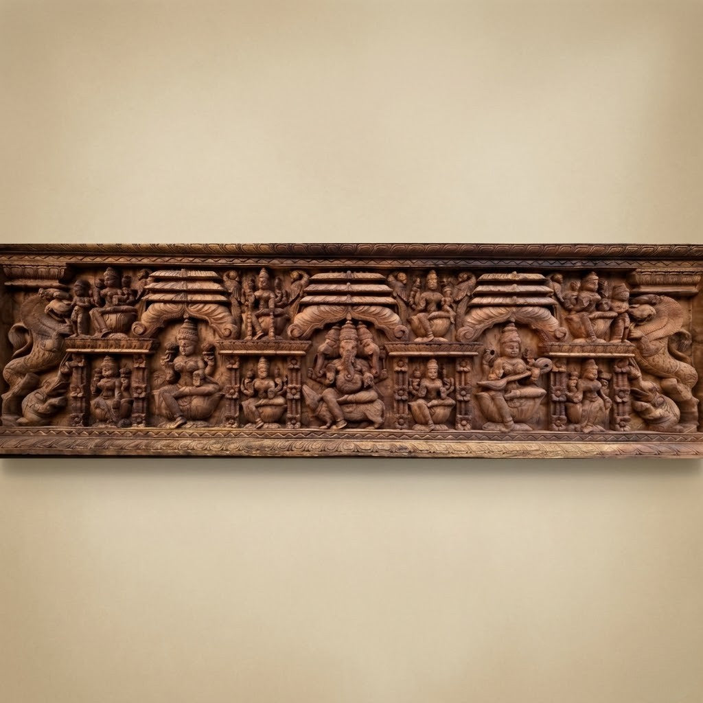 Trimukha Sabha Lintel -Hand Carved in Poola Wood from Madhavamala, Andhra Pradesh