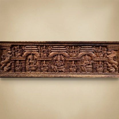 Trimukha Sabha Lintel -Hand Carved in Poola Wood from Madhavamala, Andhra Pradesh