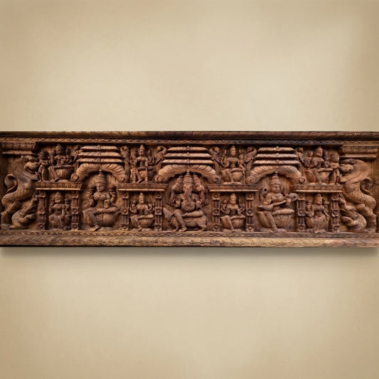 Trimukha Sabha Lintel -Hand Carved in Poola Wood from Madhavamala, Andhra Pradesh