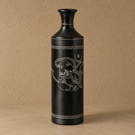 Ganesha Silver Inlay Vase – Handcrafted Black Pottery | Azamgarh Terracotta Art