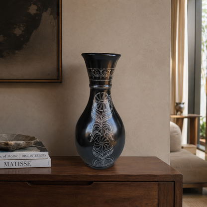 Grace Gourd | Flower Vase, Silver Inlay, Black Pottery | Nizamabad, Azamgarh