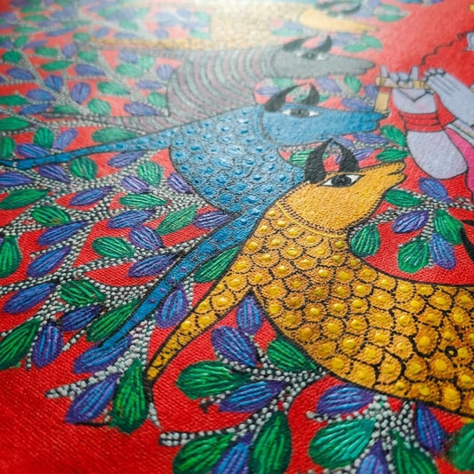 Radha Krishna with Forest Birds — Hand Painted Gond Art from Madhya Pradesh