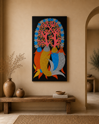 Fish Beneath the Forest Tree — Hand Painted Gond Art from Madhya Pradesh