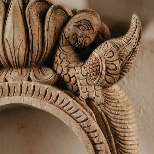 Hamsa Pratibimba Ornamental Round Frame - Hand Carved in Poola Wood from Madhavamala, Andhra Pradesh.