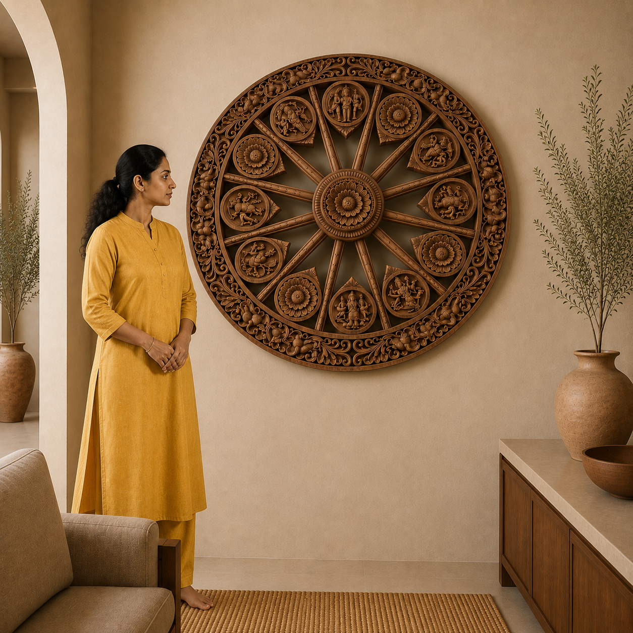 Astalakshmi Wheel Wall Panel in Poola Wood – Hand Carved Temple Sculpture from Madhavamala, Andhra Pradesh