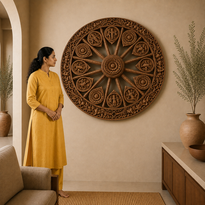 Astalakshmi Wheel Wall Panel in Poola Wood – Hand Carved Temple Sculpture from Madhavamala, Andhra Pradesh