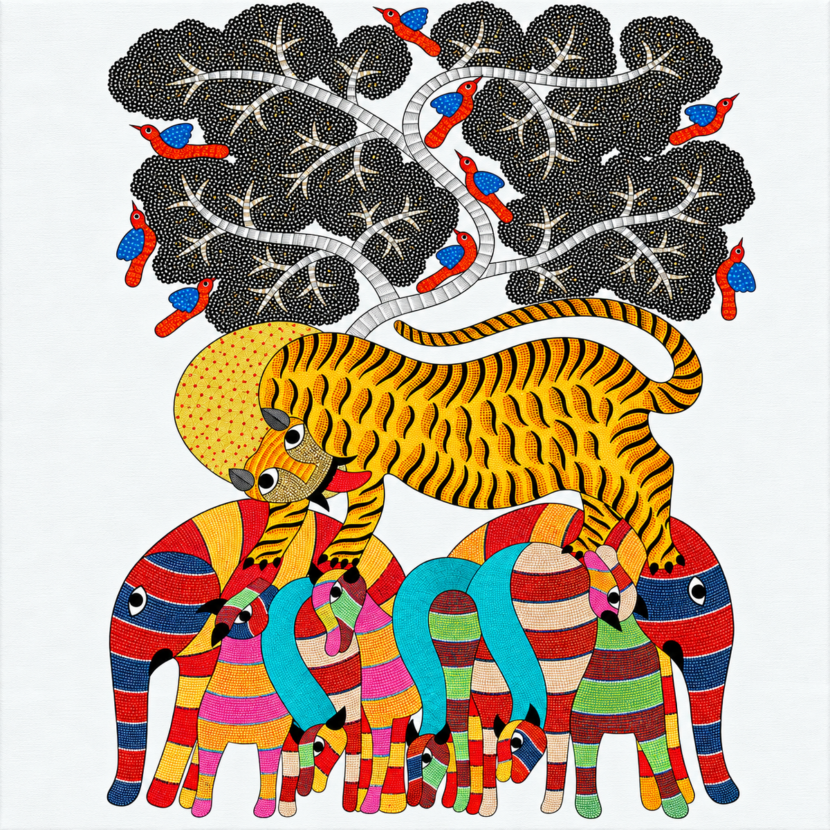 Tiger and Elephant Family — Hand Painted Gond Art from Madhya Pradesh