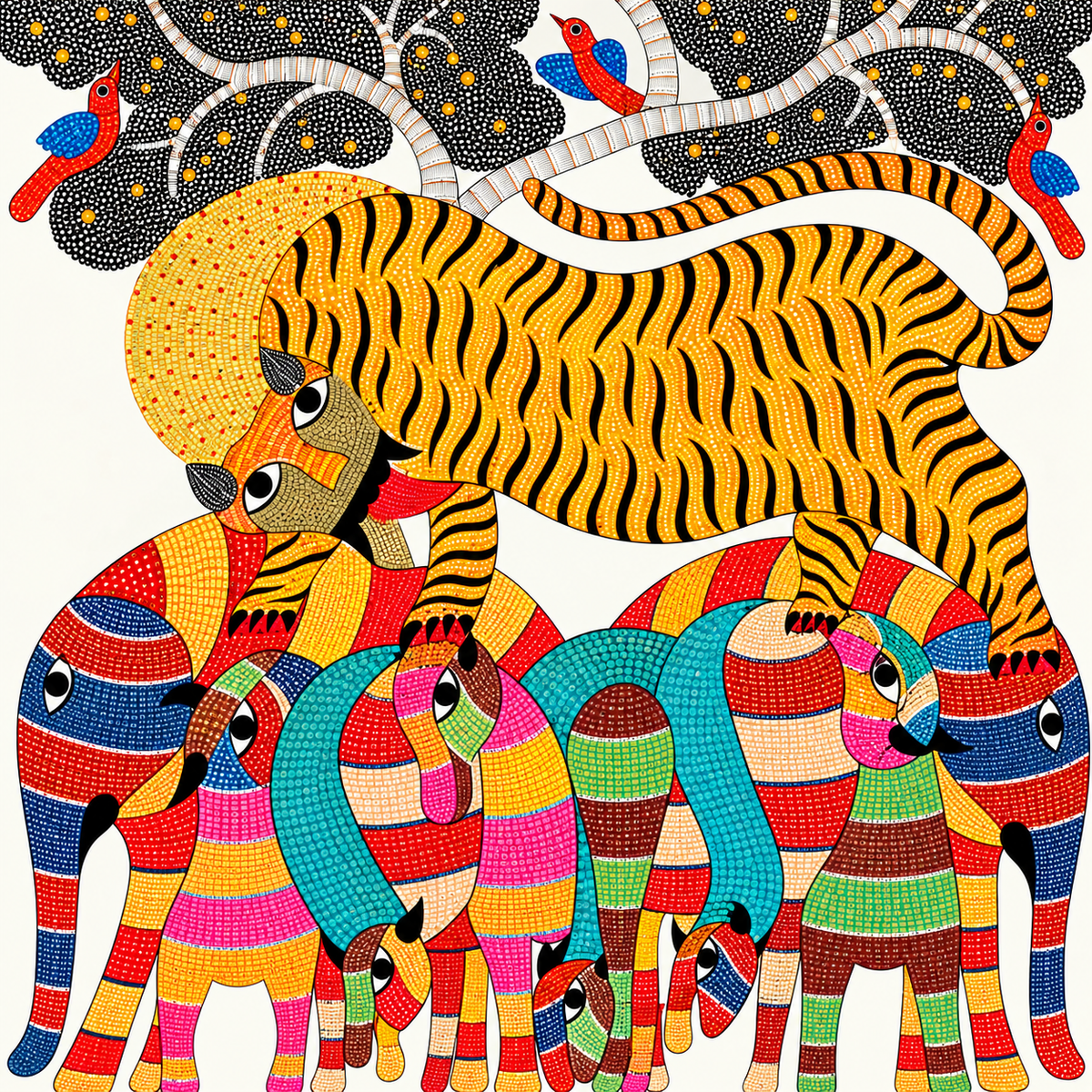 Tiger and Elephant Family — Hand Painted Gond Art from Madhya Pradesh
