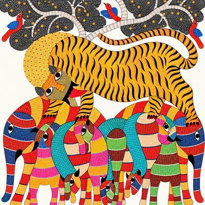 Tiger and Elephant Family — Hand Painted Gond Art from Madhya Pradesh