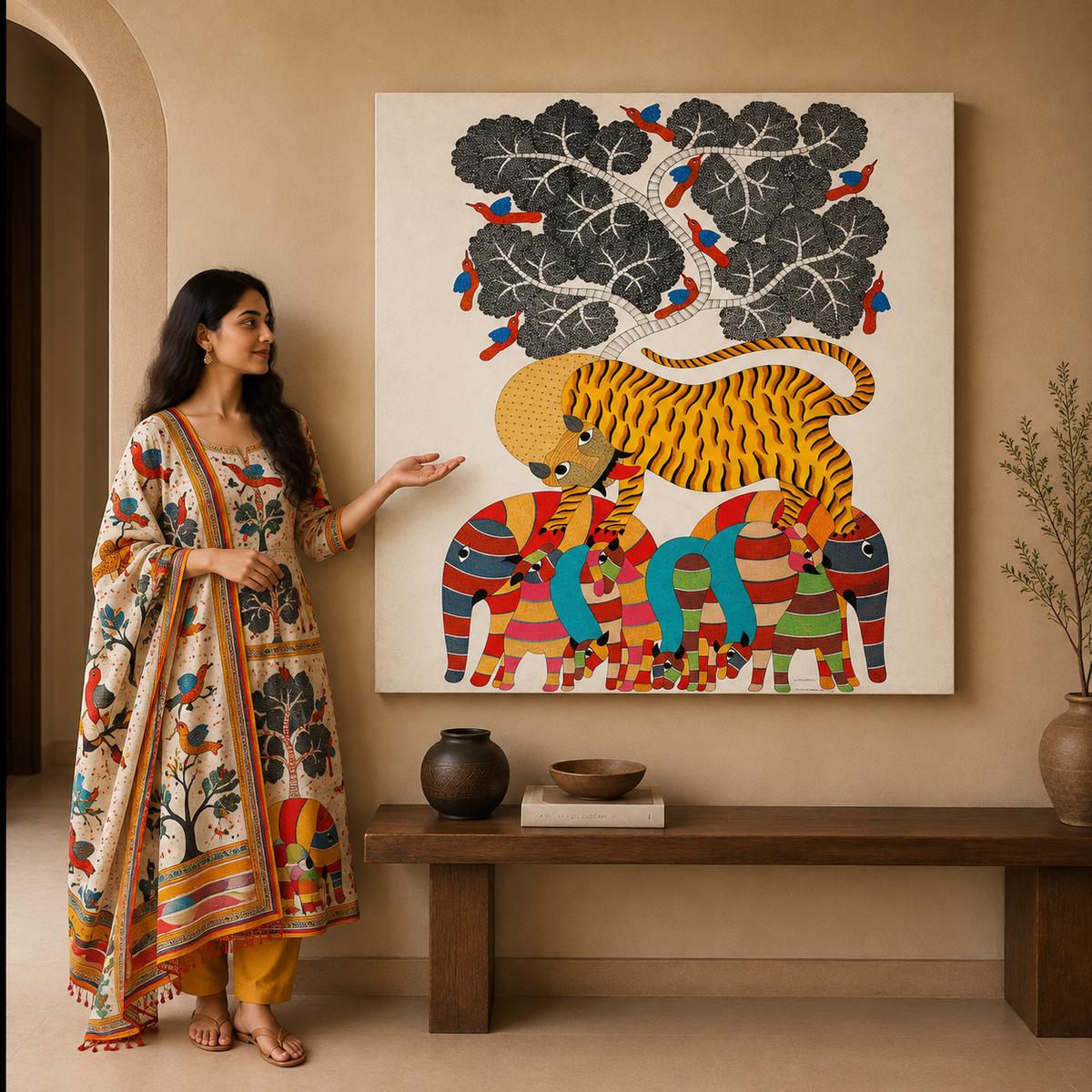 Tiger and Elephant Family — Hand Painted Gond Art from Madhya Pradesh