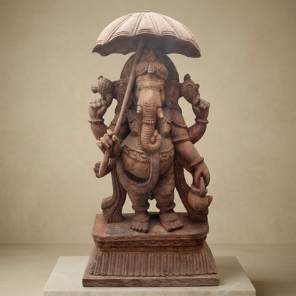 Chatra Ganapati Pratima - Hand Carved in Poola Wood from Madhavamala, Andhra Pradesh