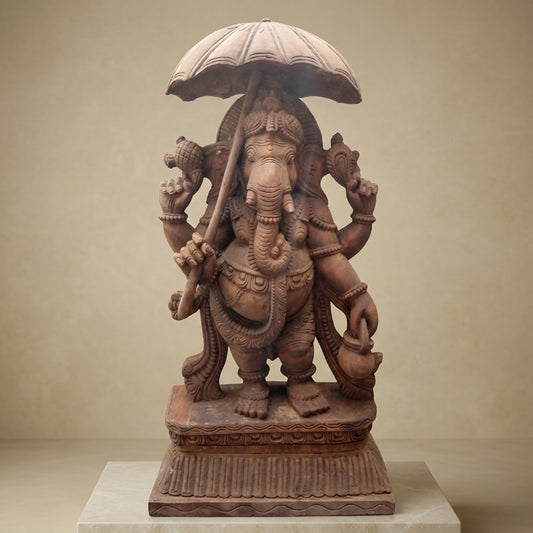 Chatra Ganapati Pratima - Hand Carved in Poola Wood from Madhavamala, Andhra Pradesh