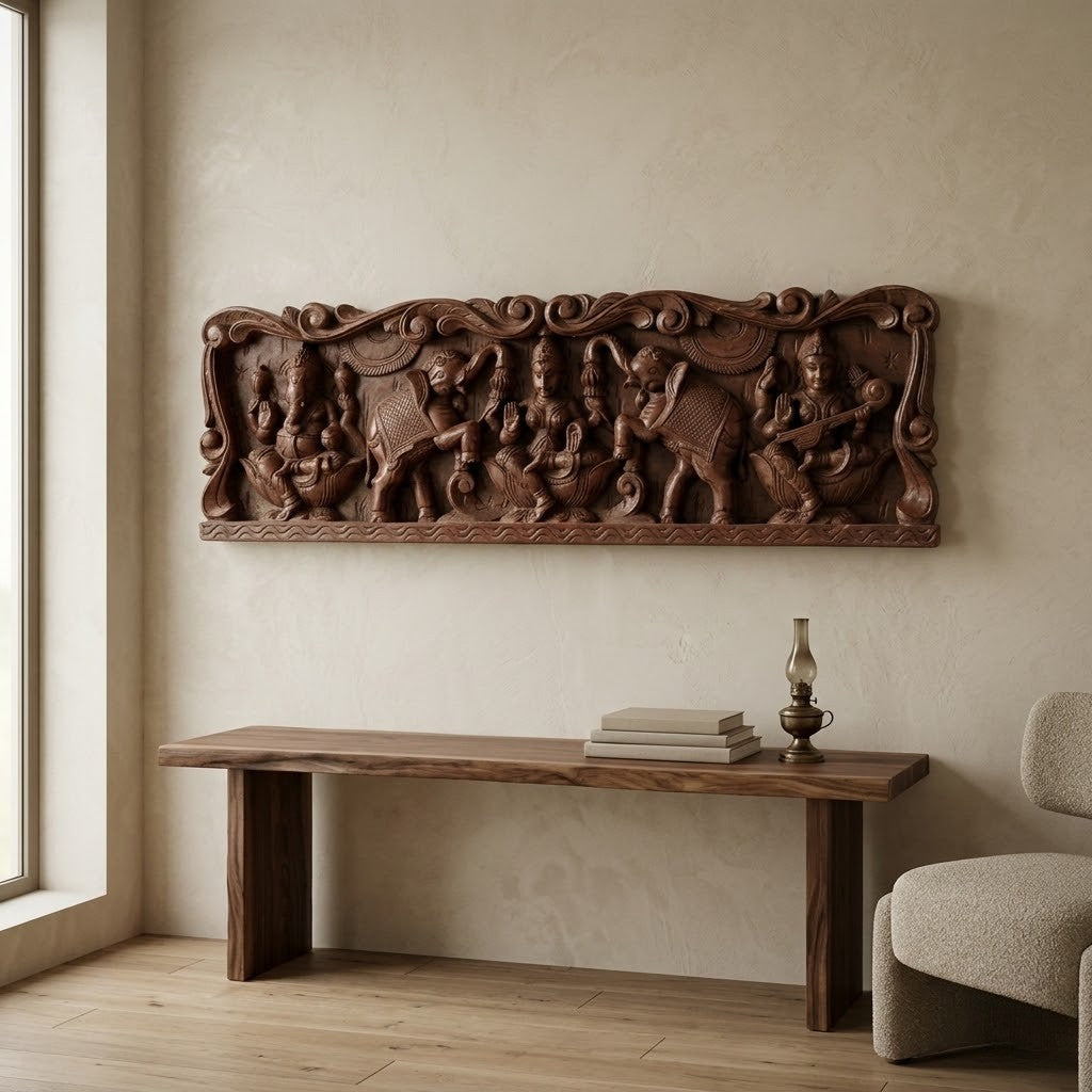 Gajalakshmi Threshold Panel  Rosewood Tone - Hand Carved in Poola Wood from Madhavamala, Andhra Pradesh