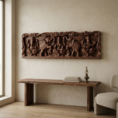 Gajalakshmi Threshold Panel  Rosewood Tone - Hand Carved in Poola Wood from Madhavamala, Andhra Pradesh