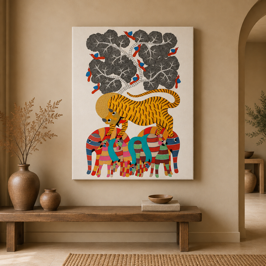 Tiger and Elephant Family — Hand Painted Gond Art from Madhya Pradesh