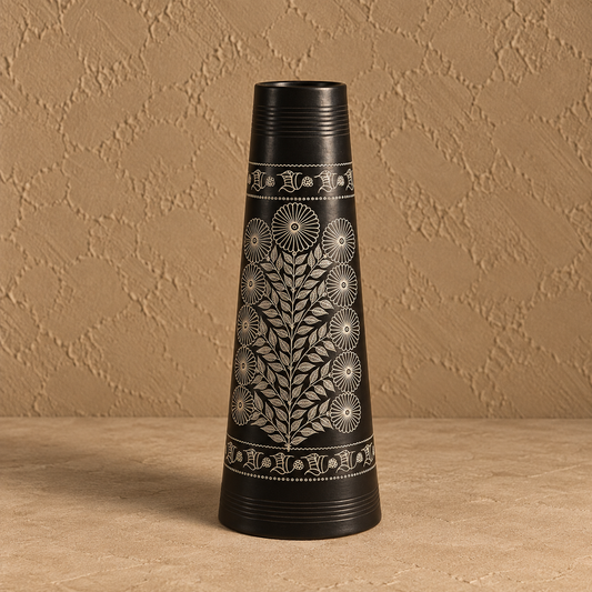 Garden Crest | Flower Vase, Silver Inlay, Black Pottery | Nizamabad, Azamgarh