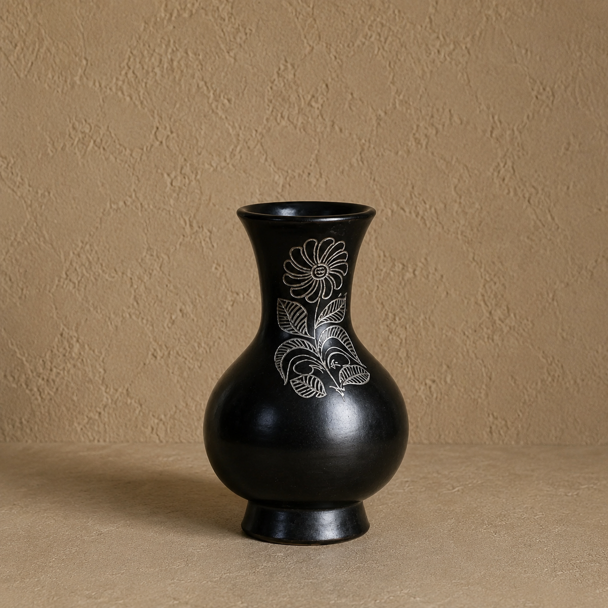 Moon Vessel | Flower Vase, Silver Inlay, Black Pottery | Nizamabad, Azamgarh