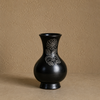 Moon Vessel | Flower Vase, Silver Inlay, Black Pottery | Nizamabad, Azamgarh