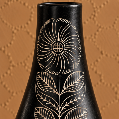 Botanical Bloom | Flower Vase, Floral Silver Inlay, Black Pottery | Nizamabad, Azamgarh