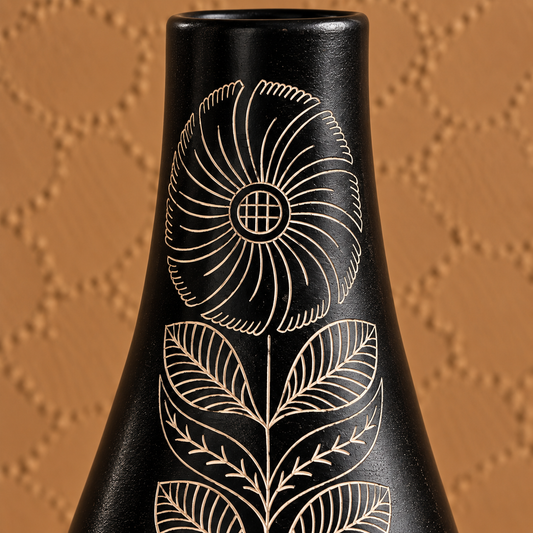Botanical Bloom | Flower Vase, Floral Silver Inlay, Black Pottery | Nizamabad, Azamgarh