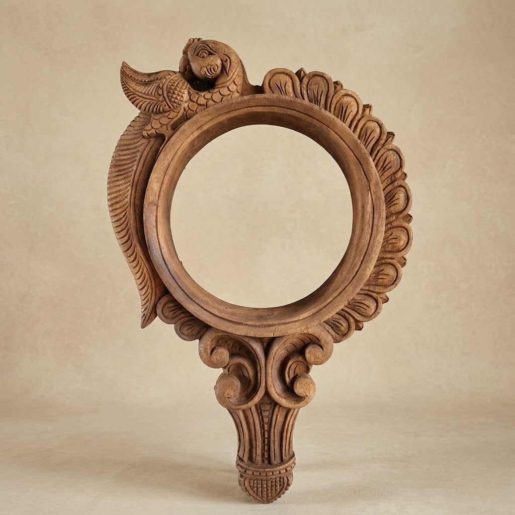 Pratibimba Mandala Wooden Mirror Frame - Hand Carved in Poola Wood - Madhavamala, Andhra Pradesh