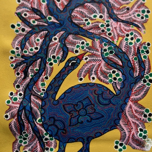 Peacock Beneath the Forest Canopy - Hand Painted Bird Pithora art from Chhota Udaipur, Gujarat