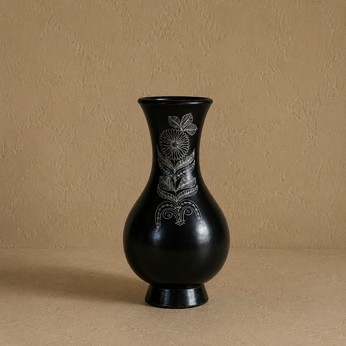 Fern Whisper | Flower Vase, Silver Inlay, Black Pottery | Nizamabad, Azamgarh