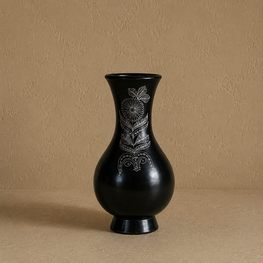 Fern Whisper | Flower Vase, Silver Inlay, Black Pottery | Nizamabad, Azamgarh