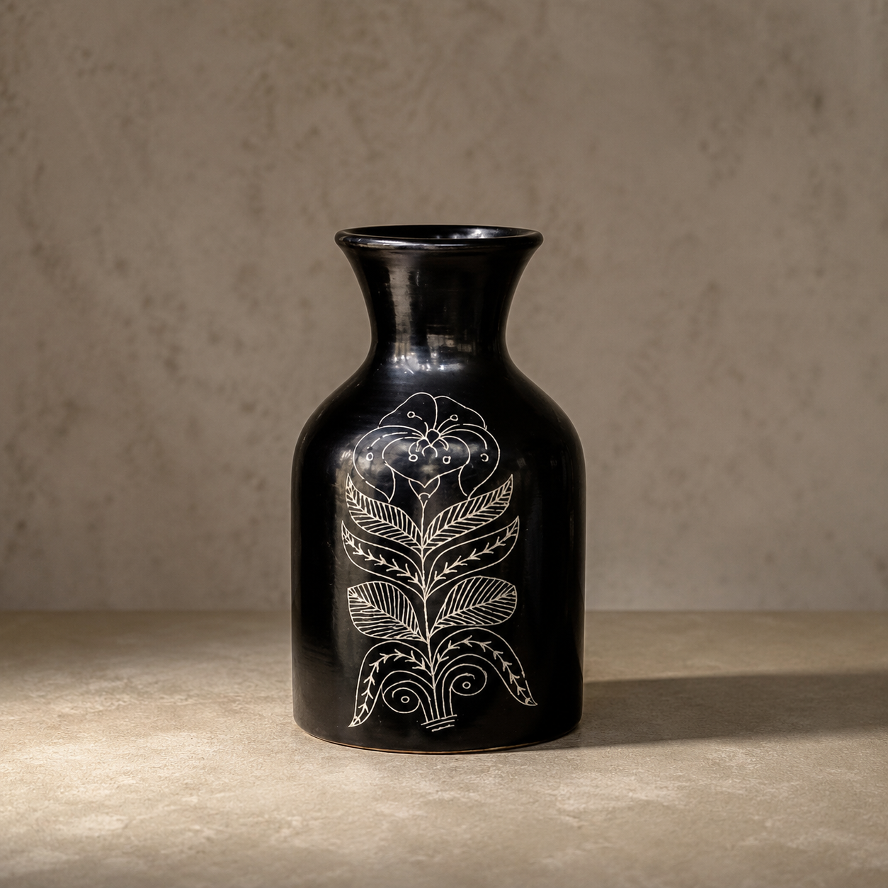 Ebony Fern | Flower Vase, Silver Inlay, Black Pottery | Nizamabad, Azamgarh