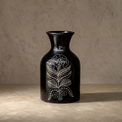 Ebony Fern | Flower Vase, Silver Inlay, Black Pottery | Nizamabad, Azamgarh