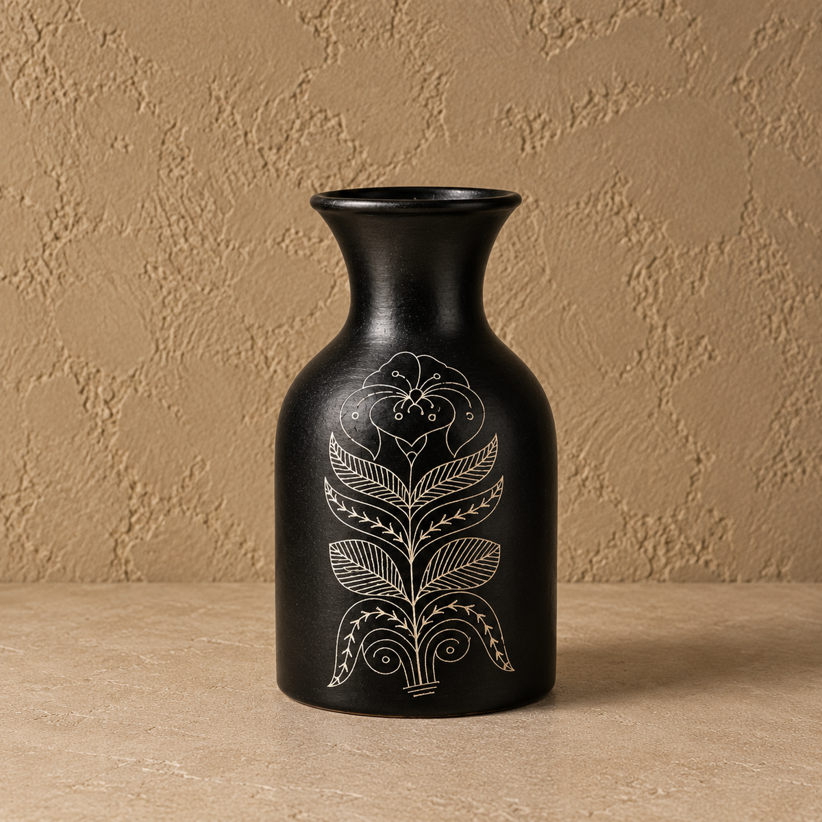 Ebony Fern | Flower Vase, Silver Inlay, Black Pottery | Nizamabad, Azamgarh
