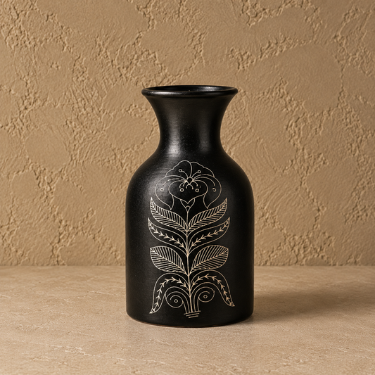 Ebony Fern | Flower Vase, Silver Inlay, Black Pottery | Nizamabad, Azamgarh