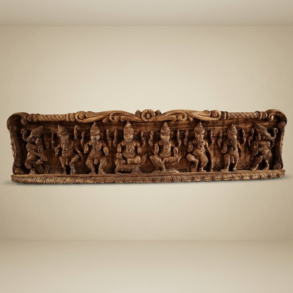 Nritya Vinayaka Lintel - Hand Carved in Poola Wood from Madhavamala, Andhra Pradesh