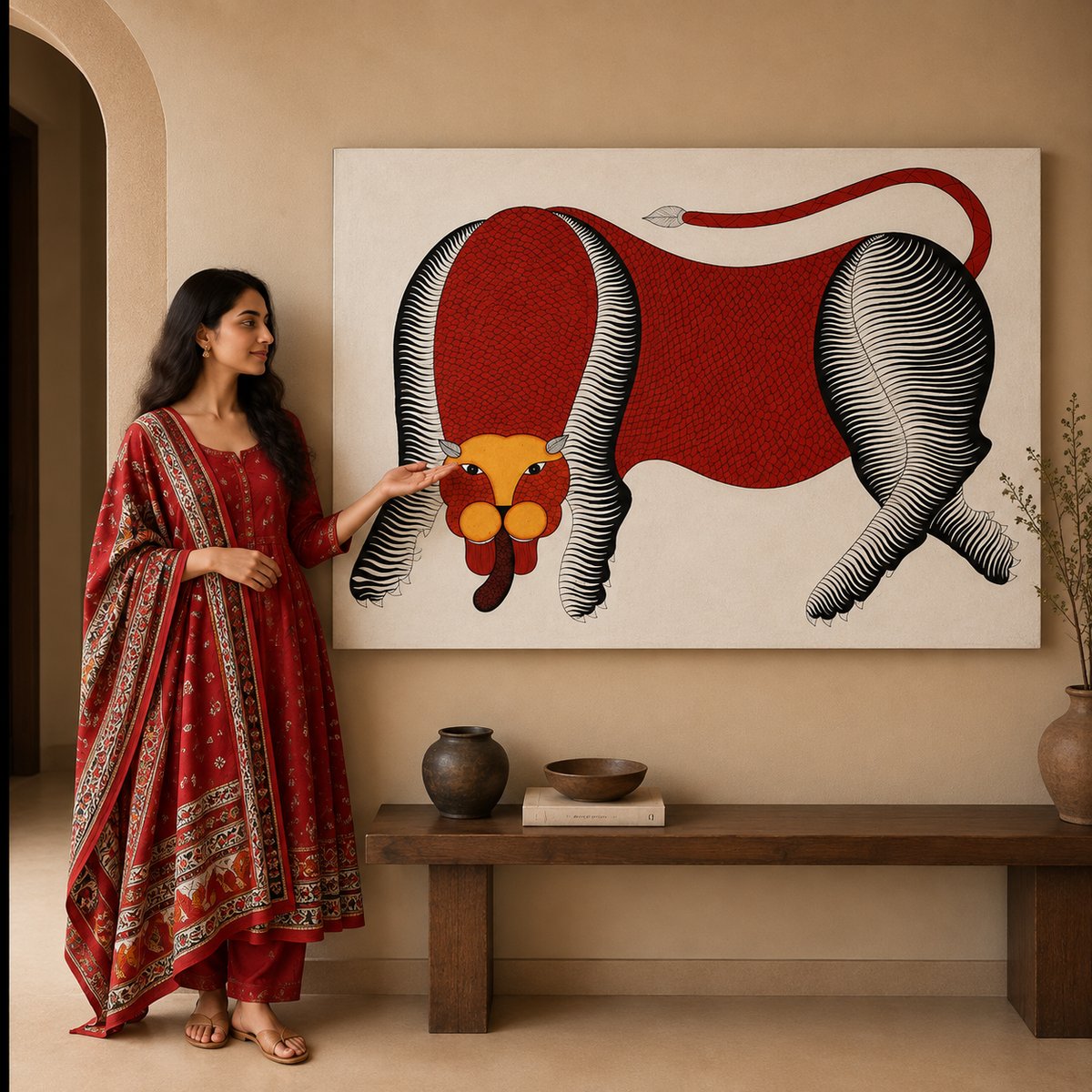 Red Bull — Hand Painted Gond Art from Madhya Pradesh